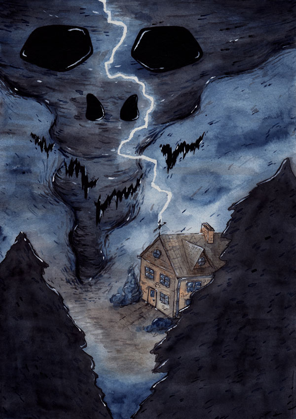 Ein Wirbelsturm mit einem Totenkopf Gesicht. Ein Blitz schlägt in ein einsames Haus ein. Die Tannen biegen sich im Wind.