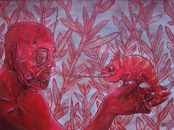 Ein Mensch-Grashüpfer-Hybride hält ein Chamaleon in der Hand. Das Chamaleon streckt seine Zunge zur Jagd aus.