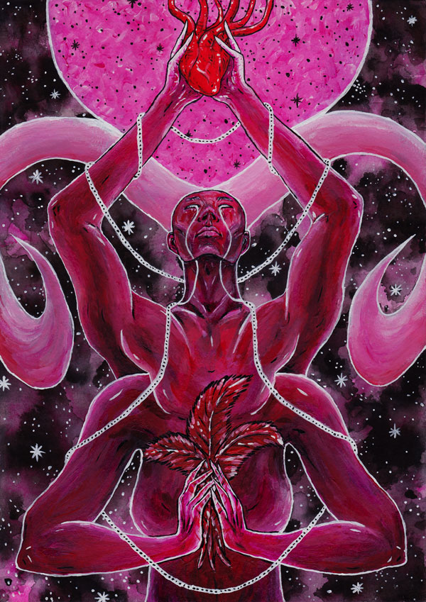 Eine Göttin im Kosmos mit vier Armen weint. Sie hält mit zwei Armen ein Herz hoch, mit den beiden anderen Armen hält sie drei Federn über ihre Brust.