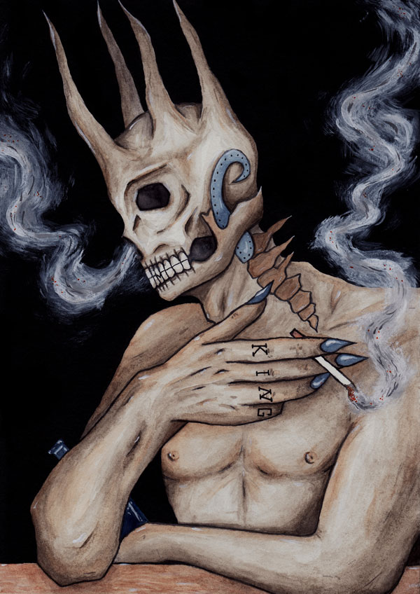 Ein Skelettartiger Körper mit Hörnern die eine Krone Bilden. Raucht eine Zigerette und hält eine Flasche.